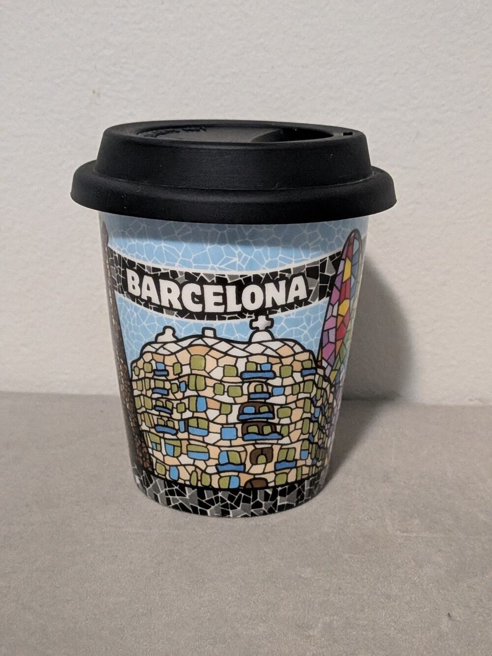 Barcelona Spain Ole Mosaic Ceramic Travel Mug Antoni Gaudi Tile Art 4"